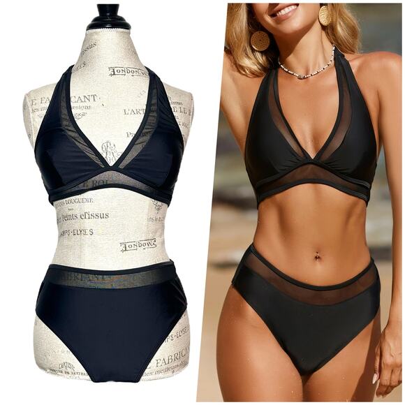 Cupshe | Women | Black Mesh Halter Beach Two Piece Swim Suit | Size Medium - Picture 1 of 10